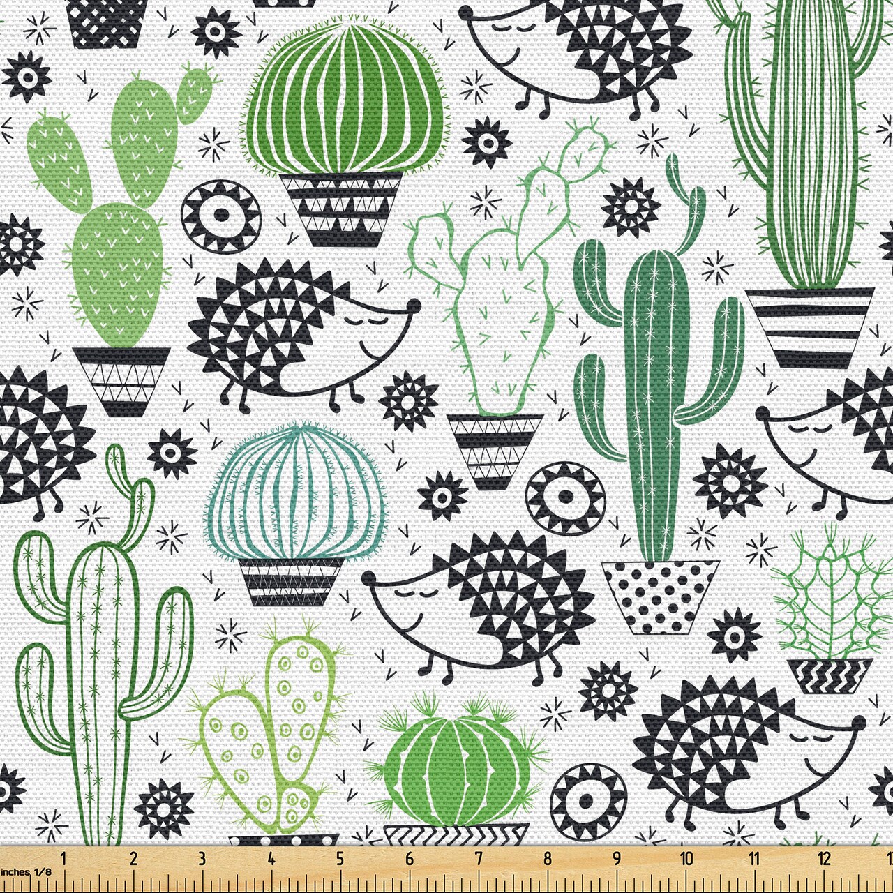Ambesonne Cactus Fabric by The Yard, Cartoon Style Inspired Drawing of Hedgehog Animals Saguaro and Prickly Pear, Decorative Fabric for Upholstery and Home Accents, 1 Yard, White Green